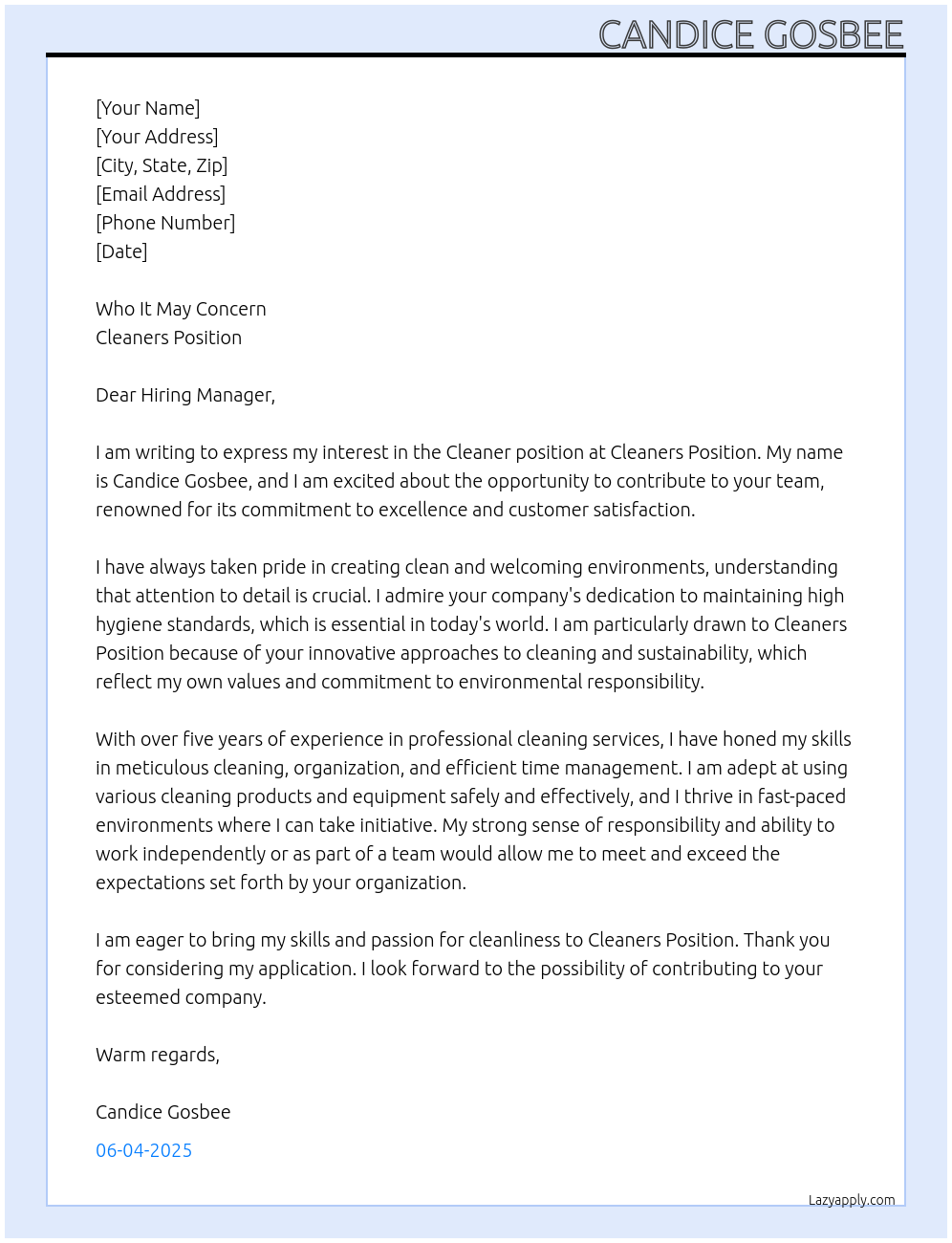 Cleaner At Cleaners position Cover Letter