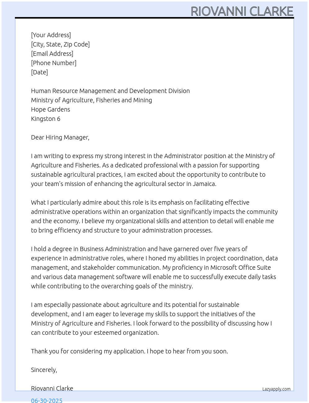 Administrator  At Ministry of Agriculture and Fisheries Cover Letter