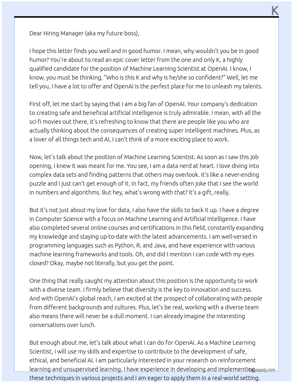 machine learning scientist At openAI Cover Letter