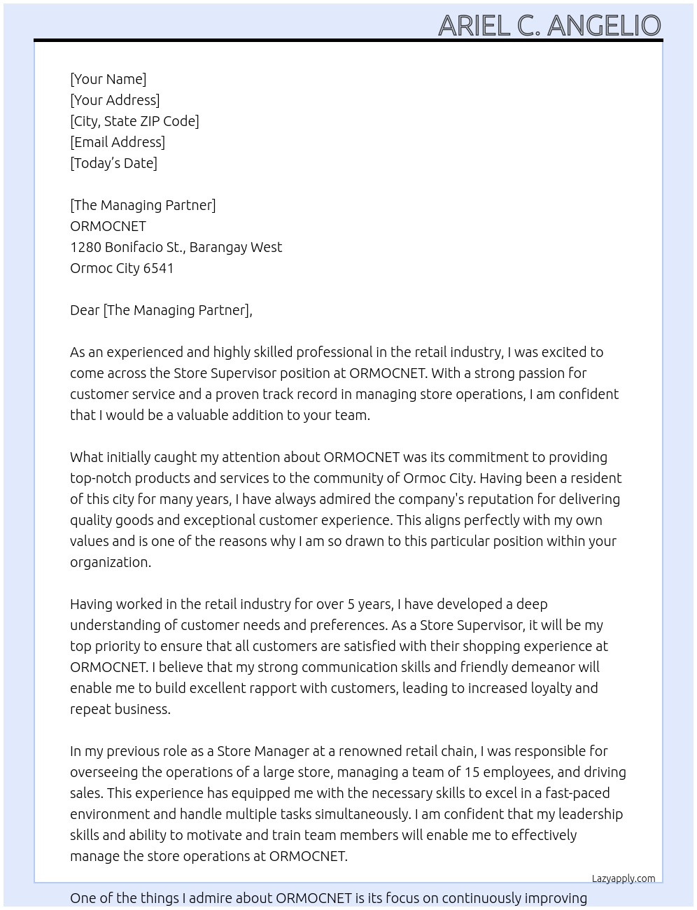 Store Supervisor At ORMOCNET Cover Letter