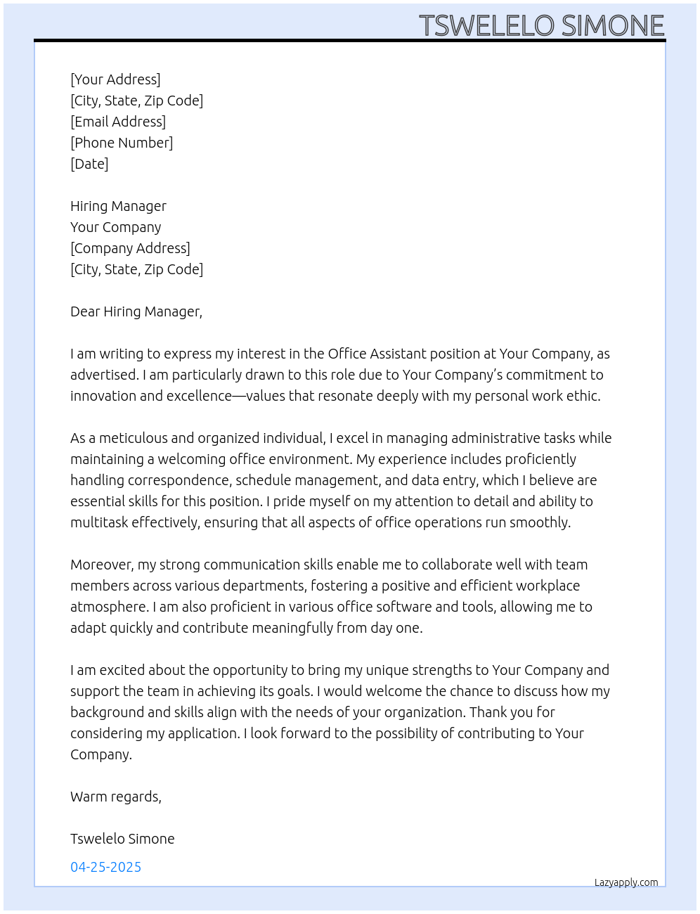 Office assistant  At Your company  Cover Letter