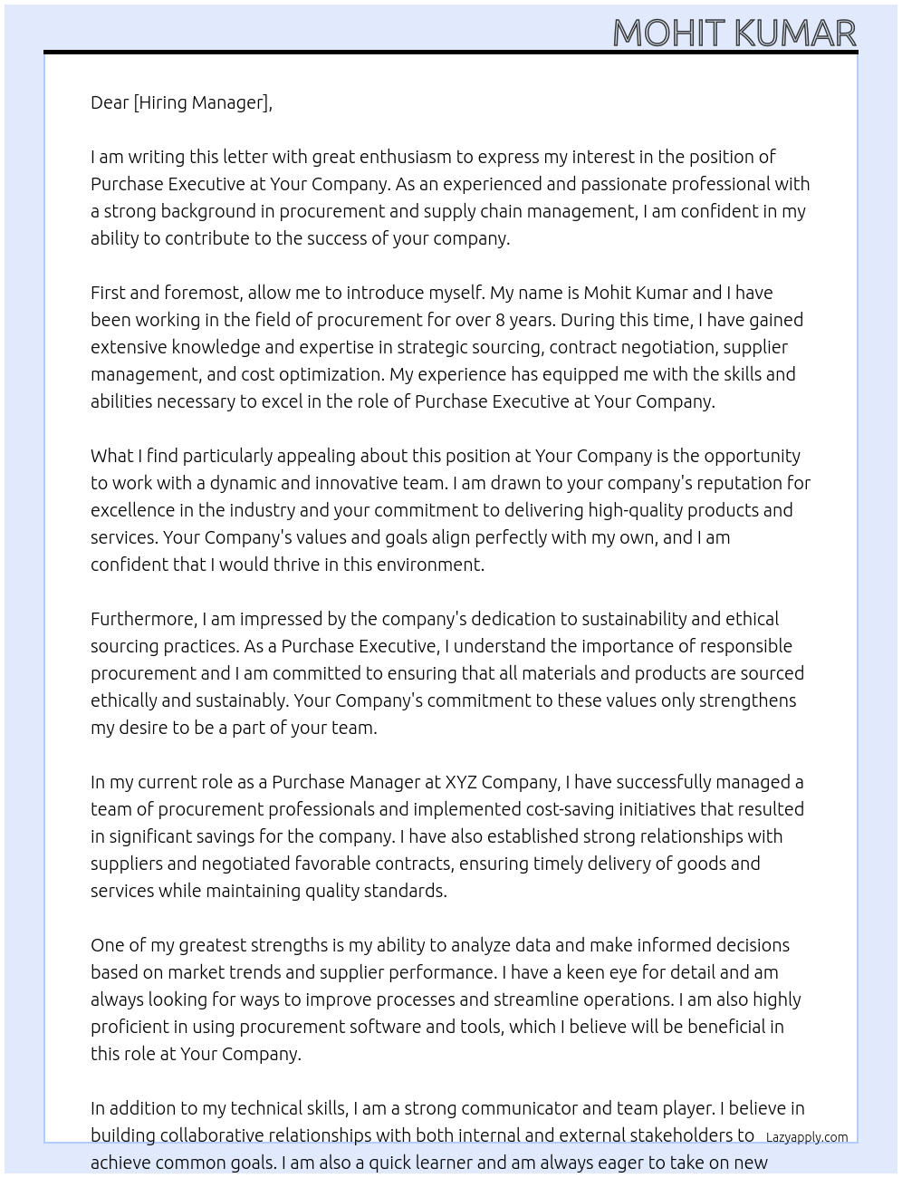 Purchase Executive At Your company Cover Letter