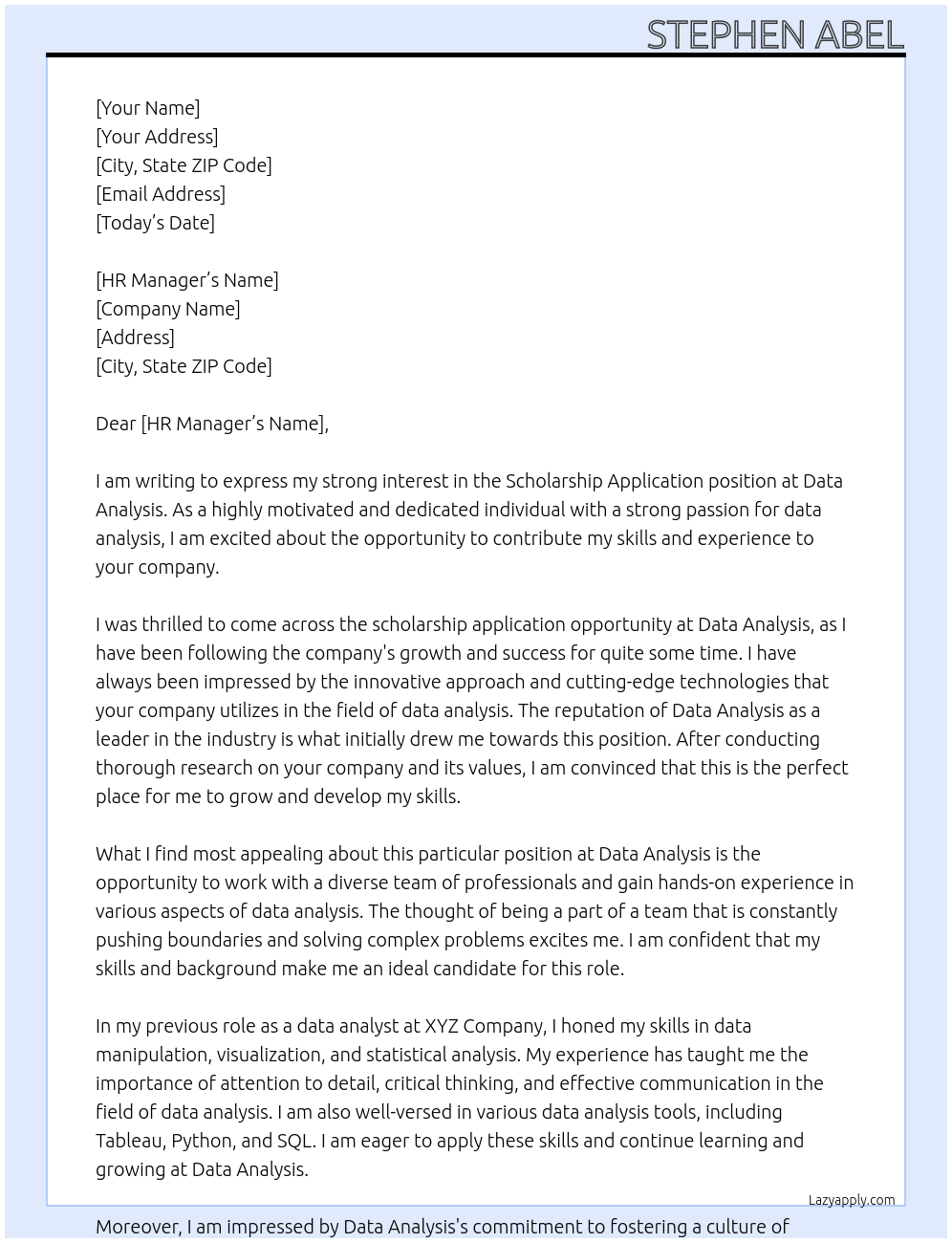 Scholarship Application At Data Analysis Cover Letter