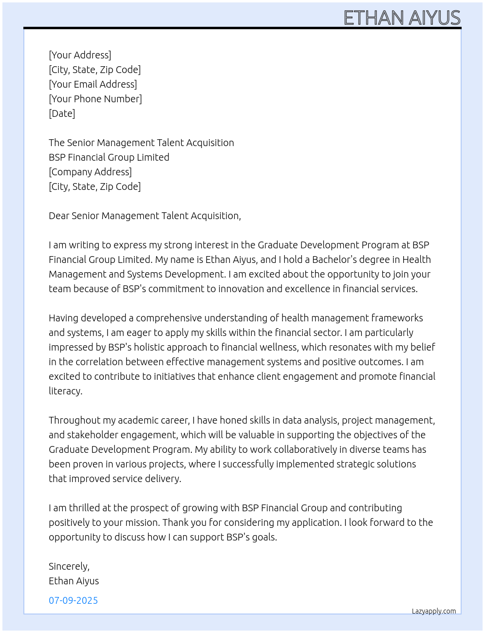 graduate development program At BSP Financial Group Limited Cover Letter