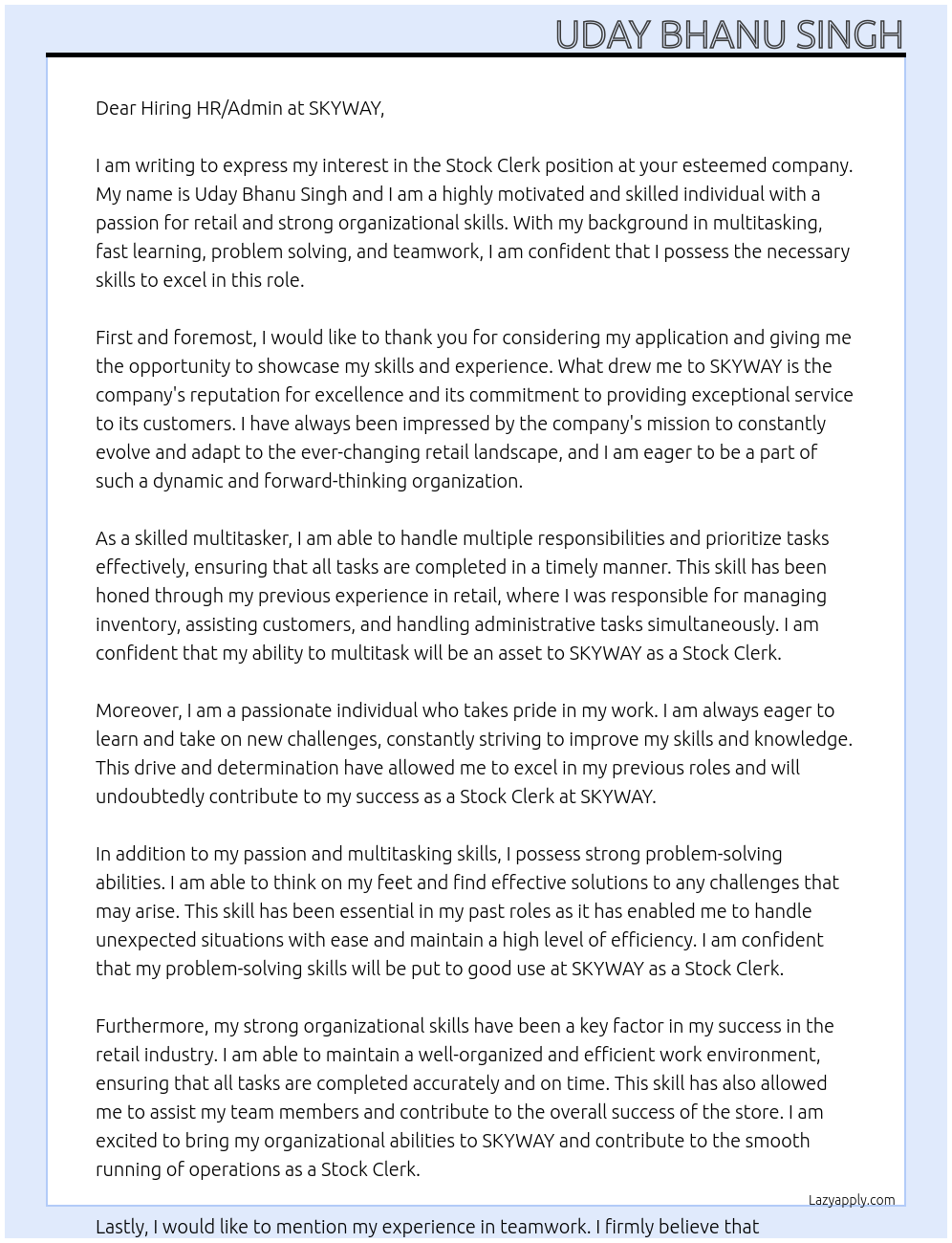 Stock Clerk At SKYWAY Cover Letter