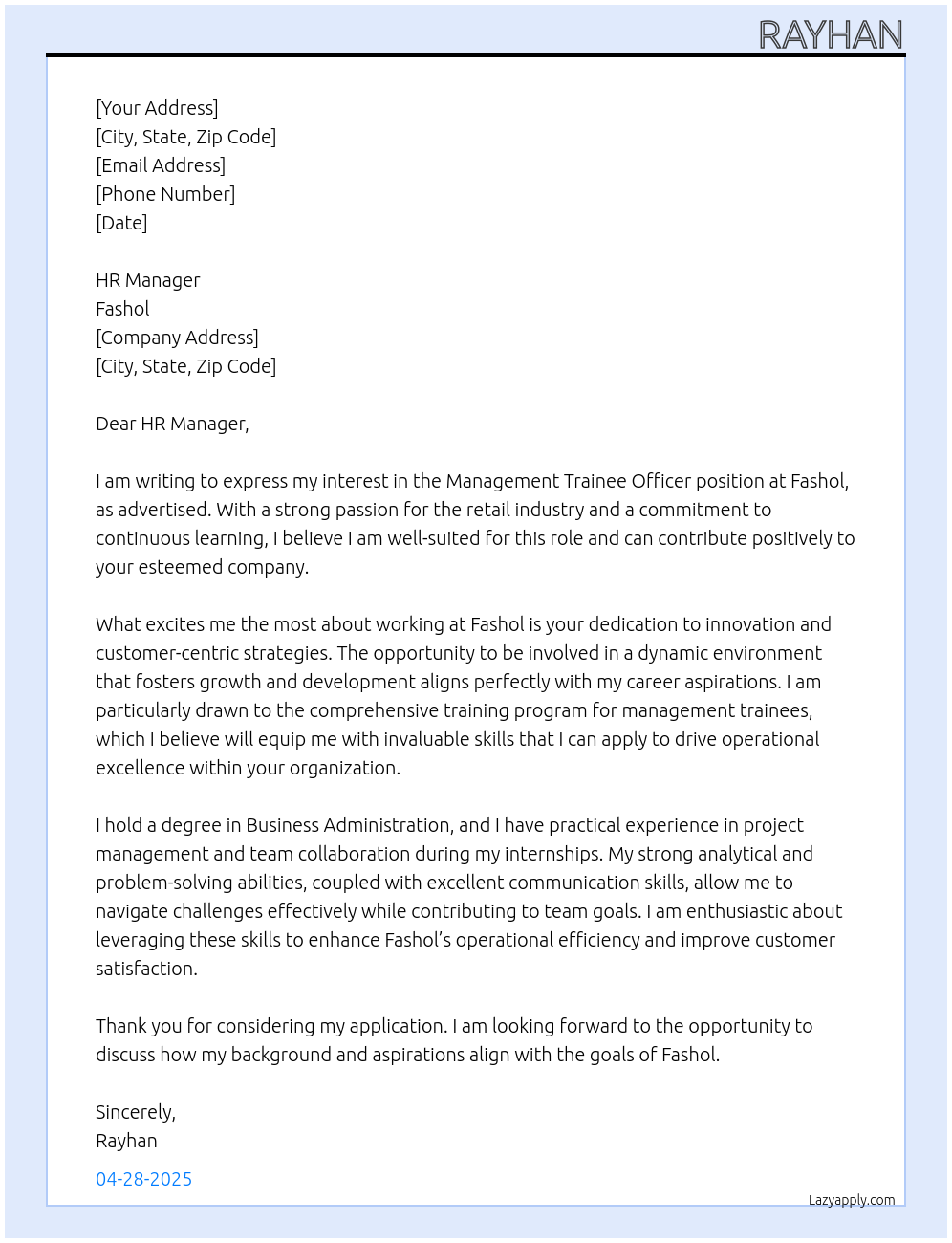 Management Trainee Officer At Fashol Cover Letter