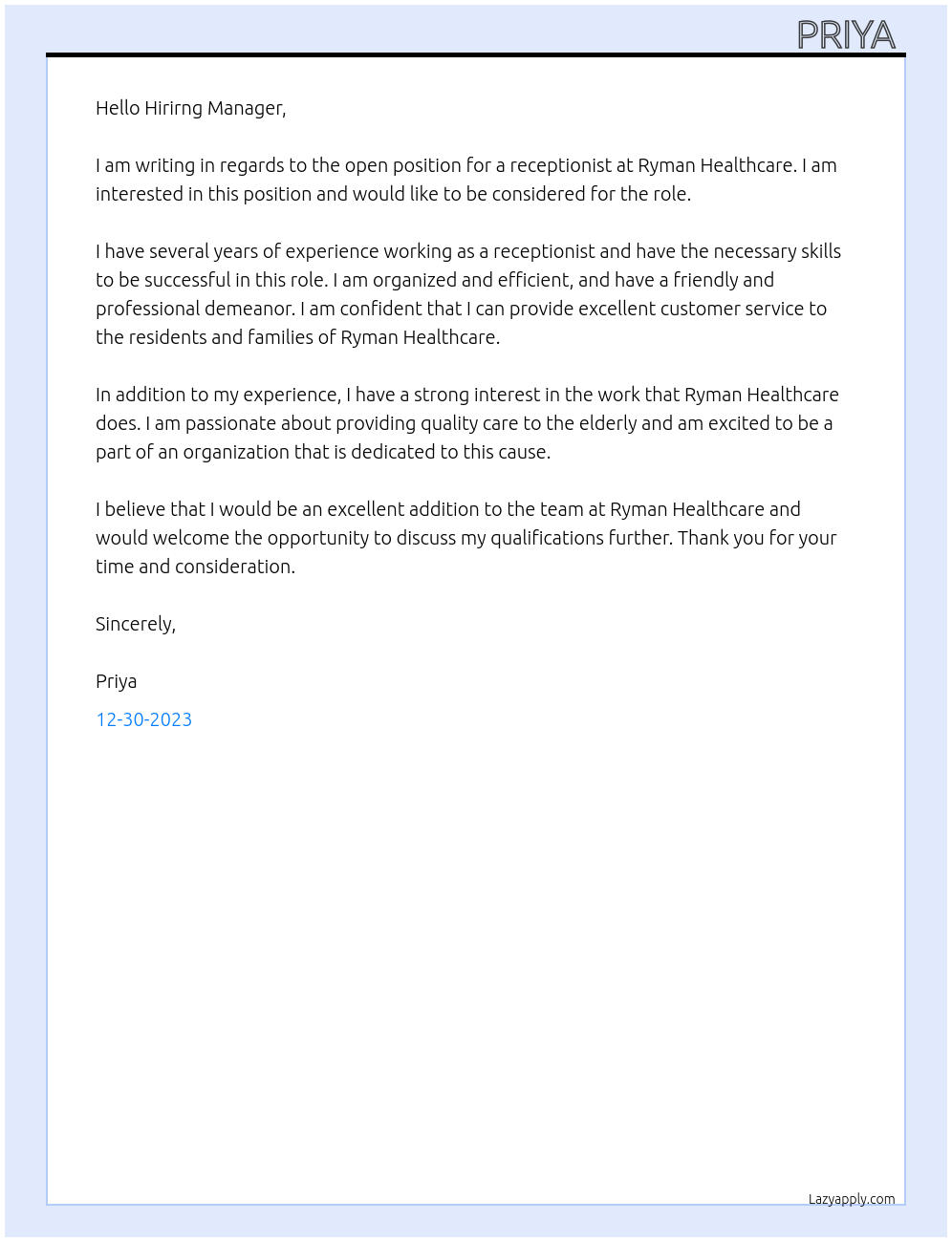 receptionsit At ryman healthcare Cover Letter