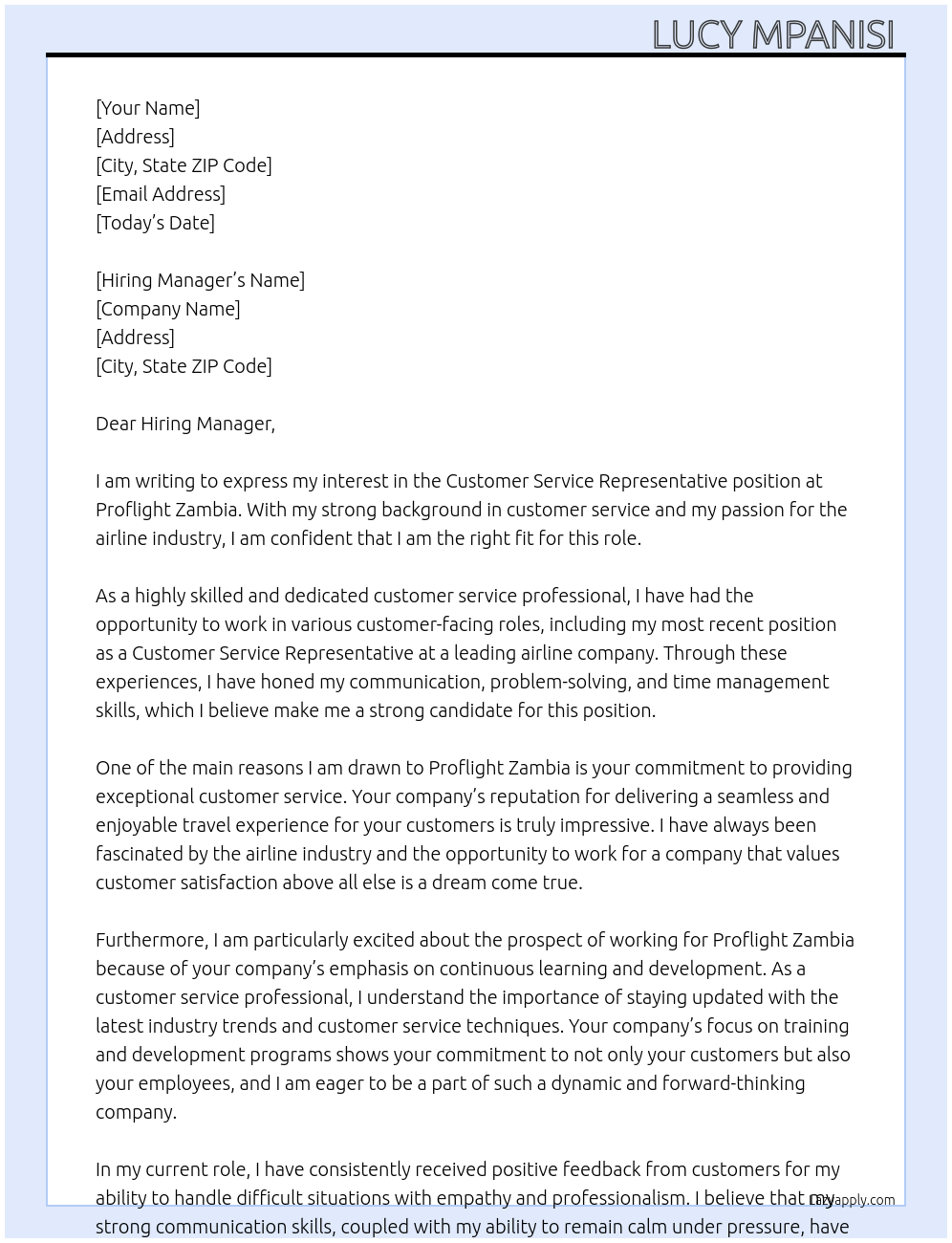 Customer service rep At Proflight zambia Cover Letter