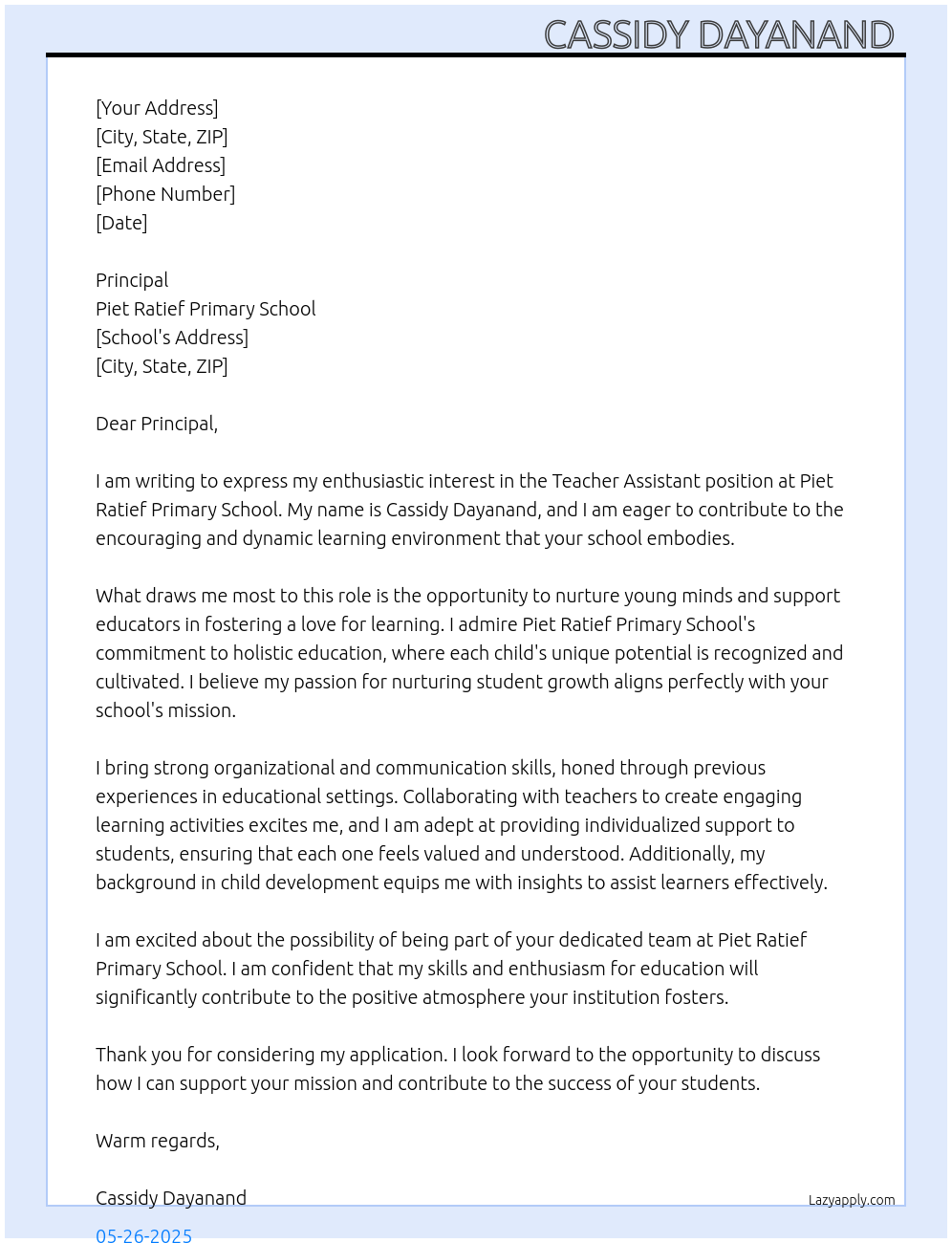 Cover letter for teacher assistant - LazyApply