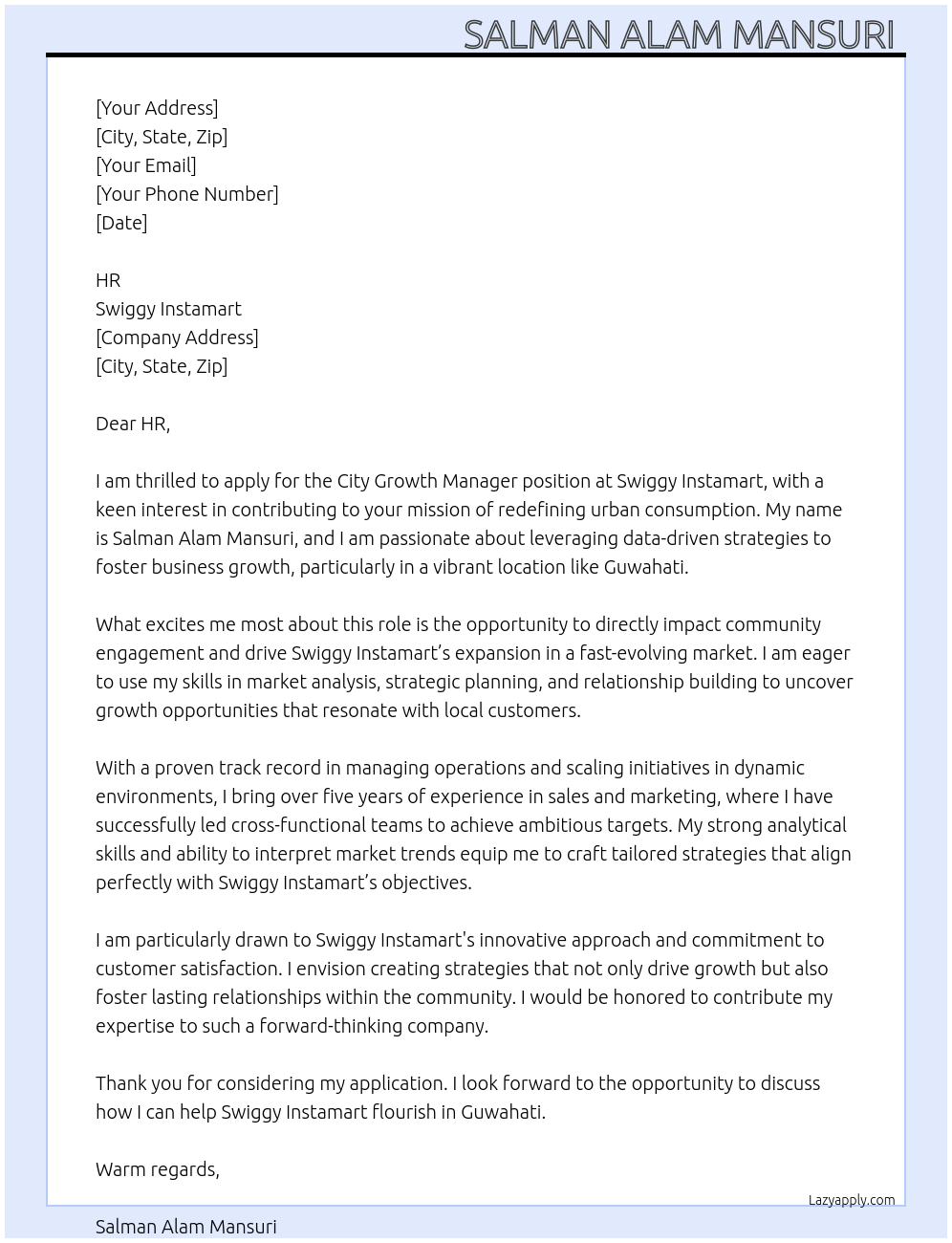 City growth manager  At Swiggy Instamart  Cover Letter
