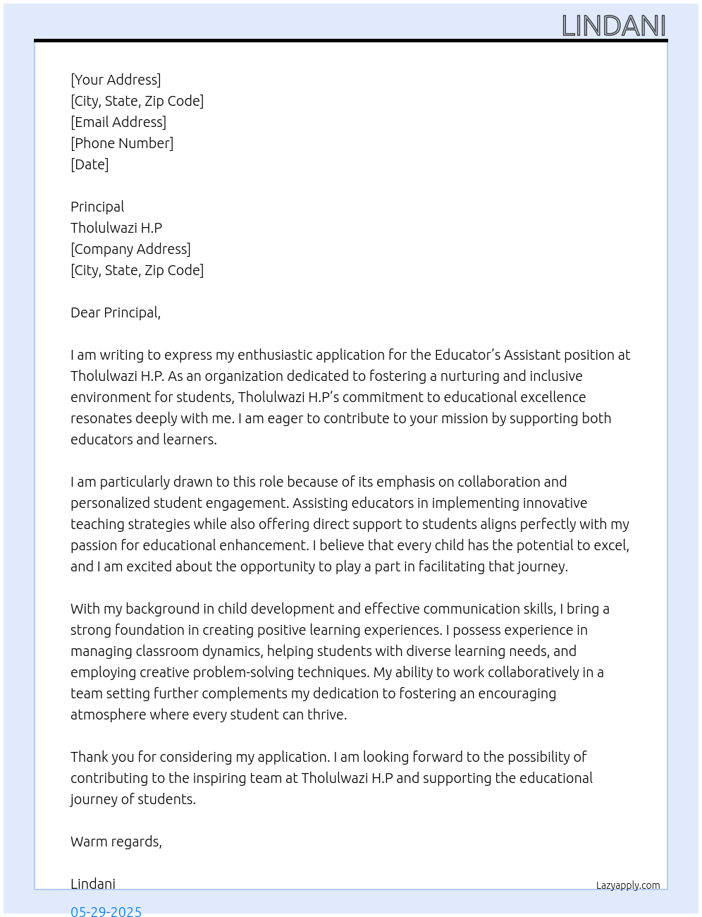 Educators assistant At Tholulwazi H.P Cover Letter