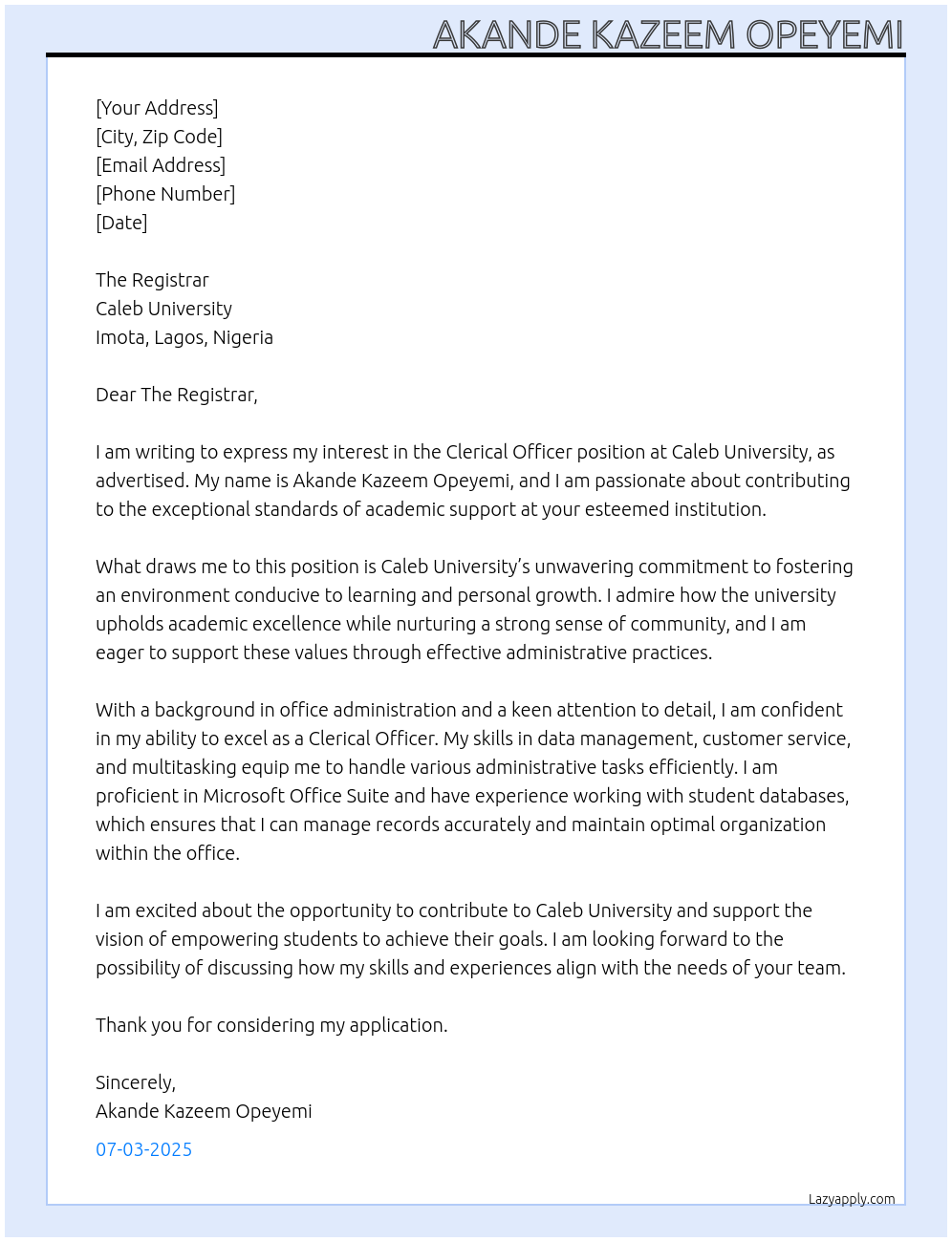 Clerical Officer At Caleb University Cover Letter