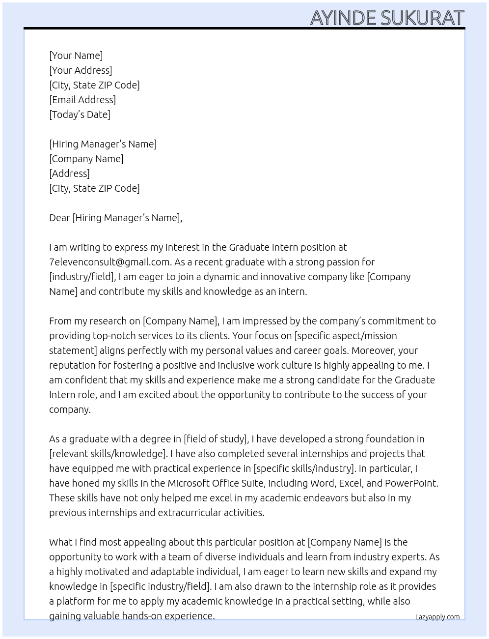 Graduate intern At 7elevenconsult@gmail.com Cover Letter