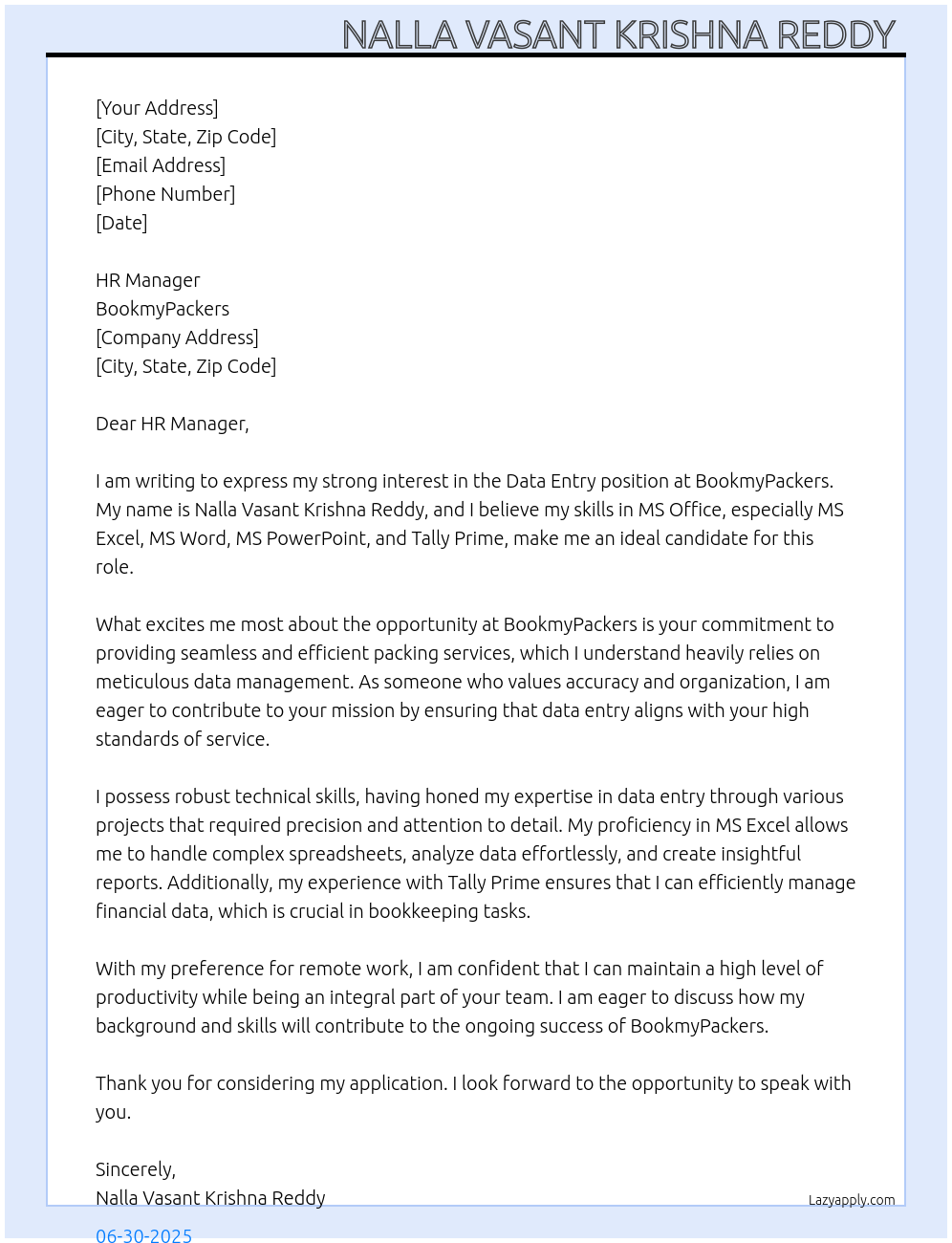 Data Entry At BookmyPackers Cover Letter