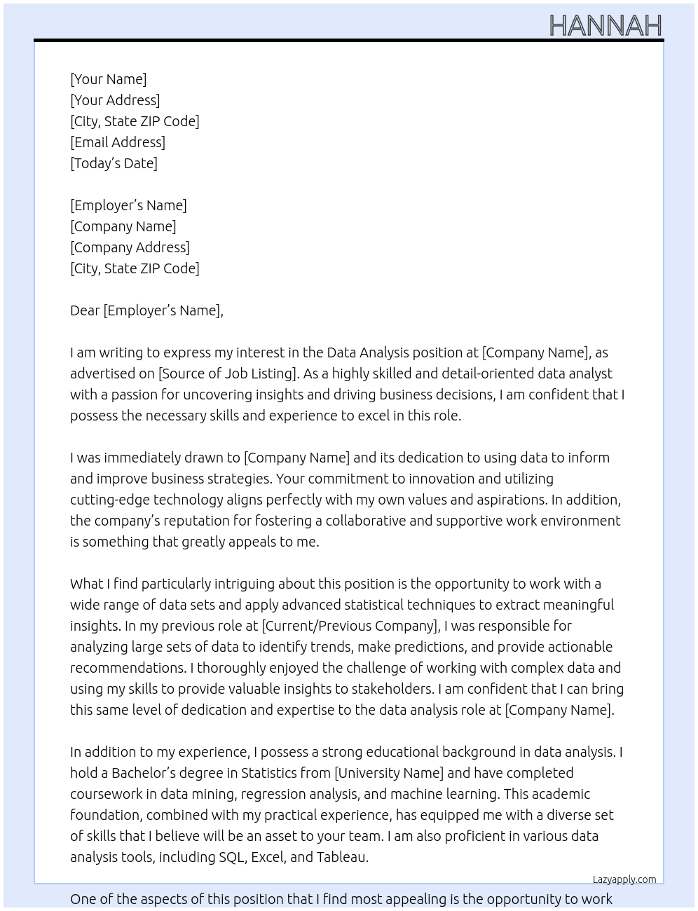 data analysis At na Cover Letter