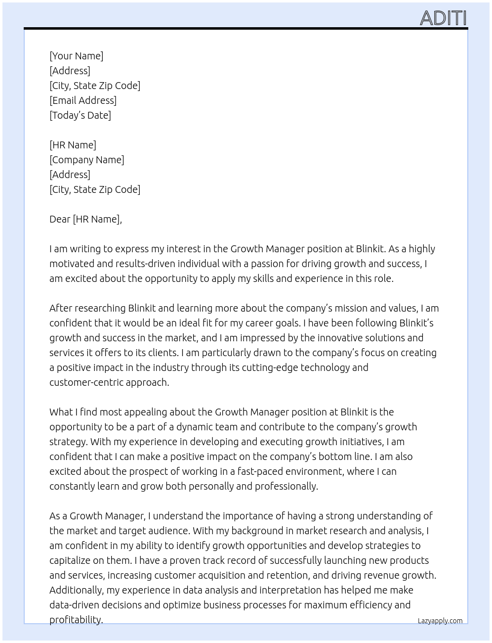 Growth Manager At Blinkit Cover Letter