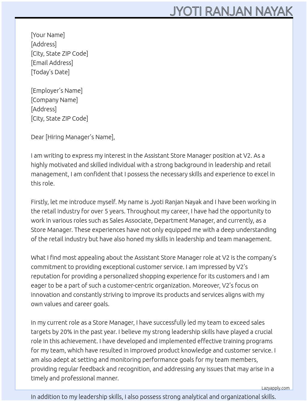 Assistant Store Manager At V2 Cover Letter