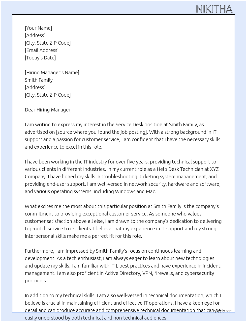 service desk At Smith family Cover Letter