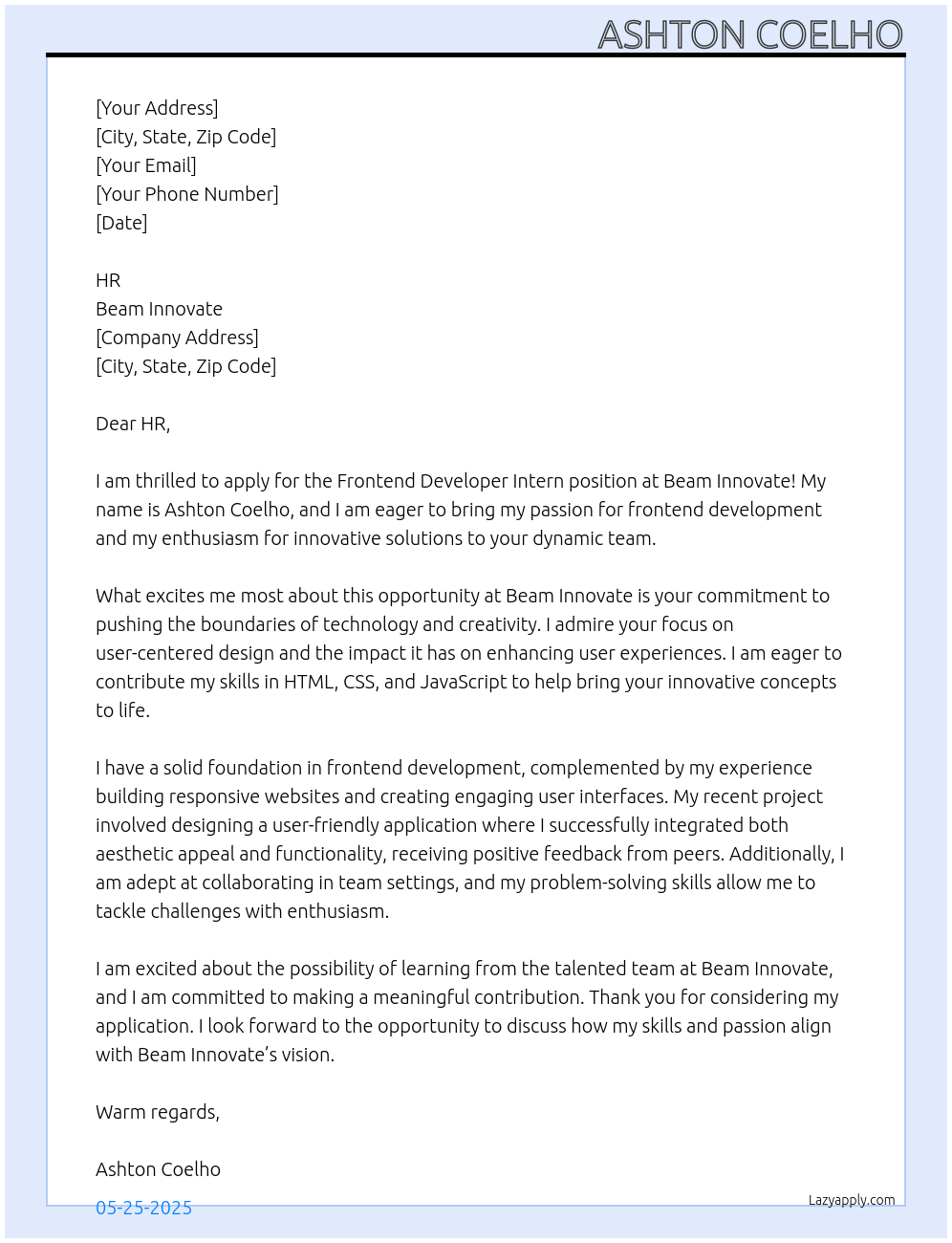 Cover letter for frontend developer intern - LazyApply