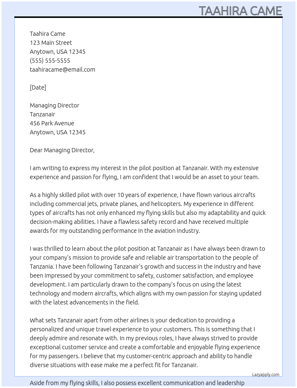 Pilot At Tanzanair Cover Letter
