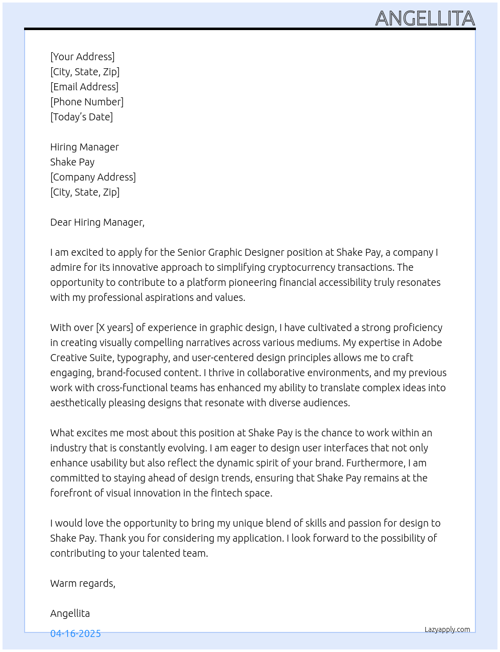 senior graphic designer  At shake pay Cover Letter