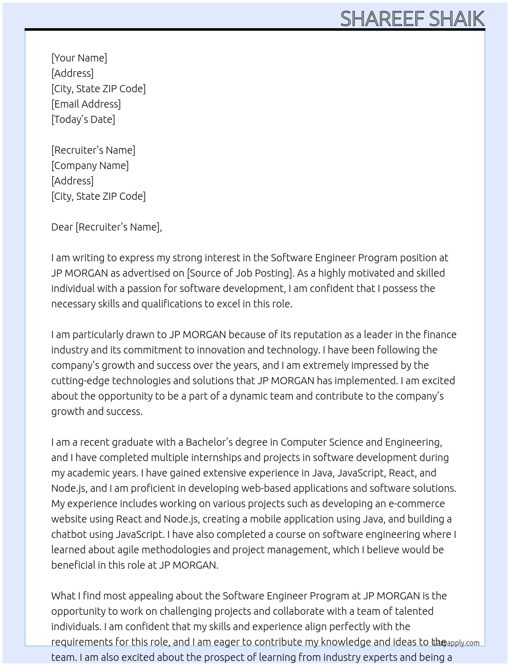 Software Engineer Program  At JP MORGAN Cover Letter