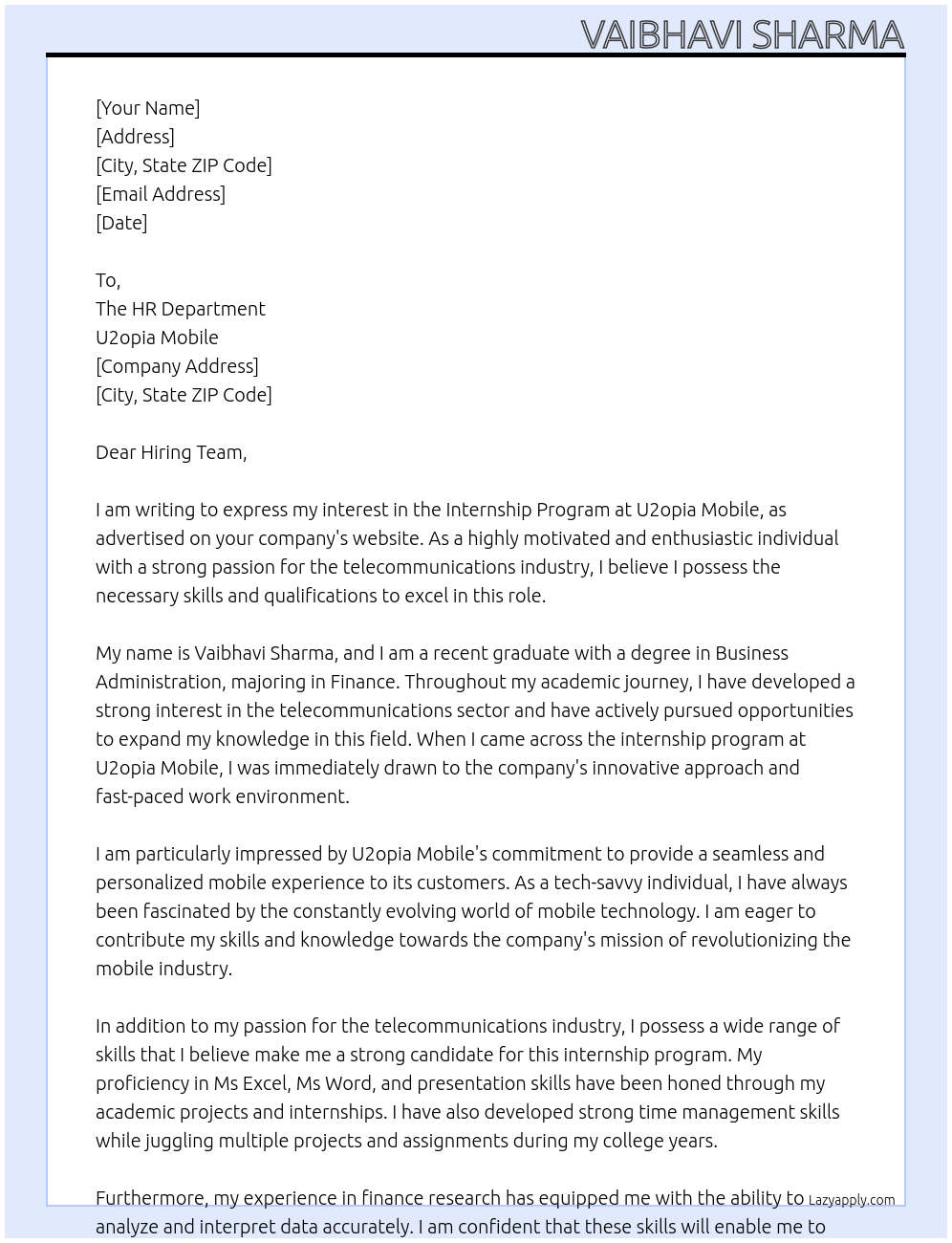 Internship program At U2opia mobile Cover Letter