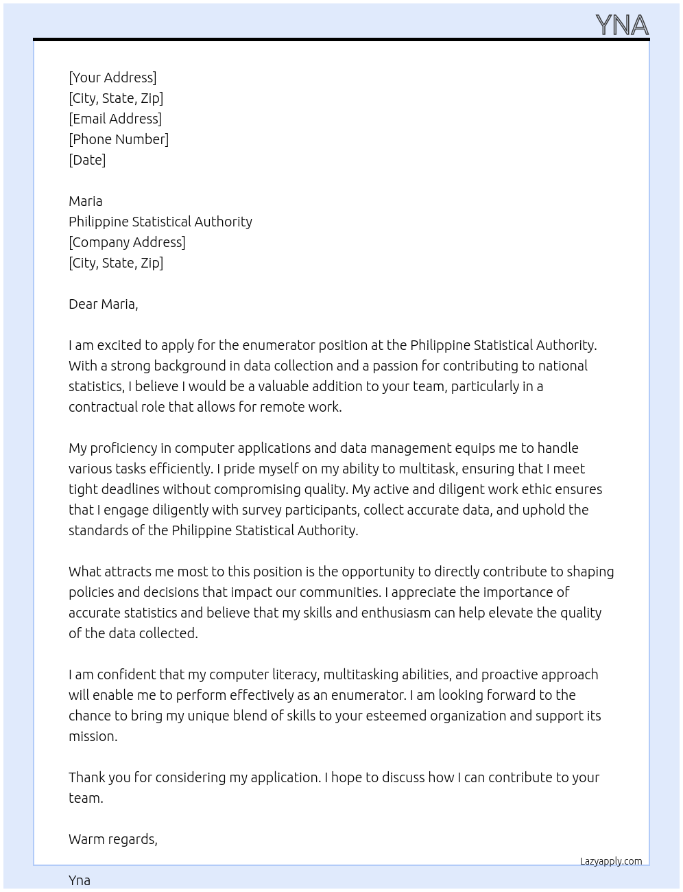 enumerator At Philippine Statistic Authority Cover Letter