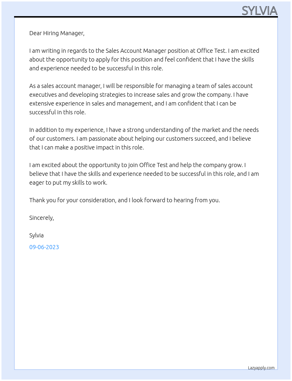 Sales Account manager At Office Test Cover Letter