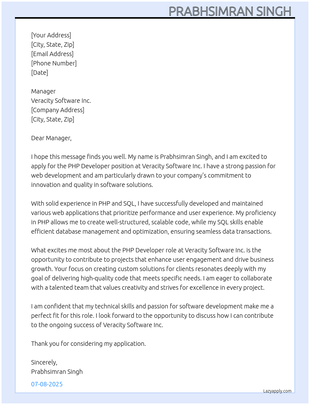 PHP developer  At Veracity software inc Cover Letter