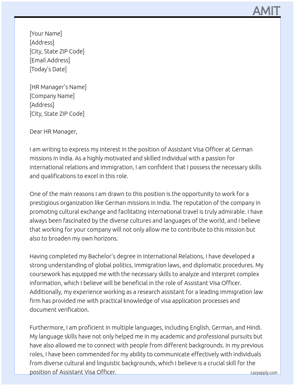 Assistant Visa Officer At German missions in India Cover Letter