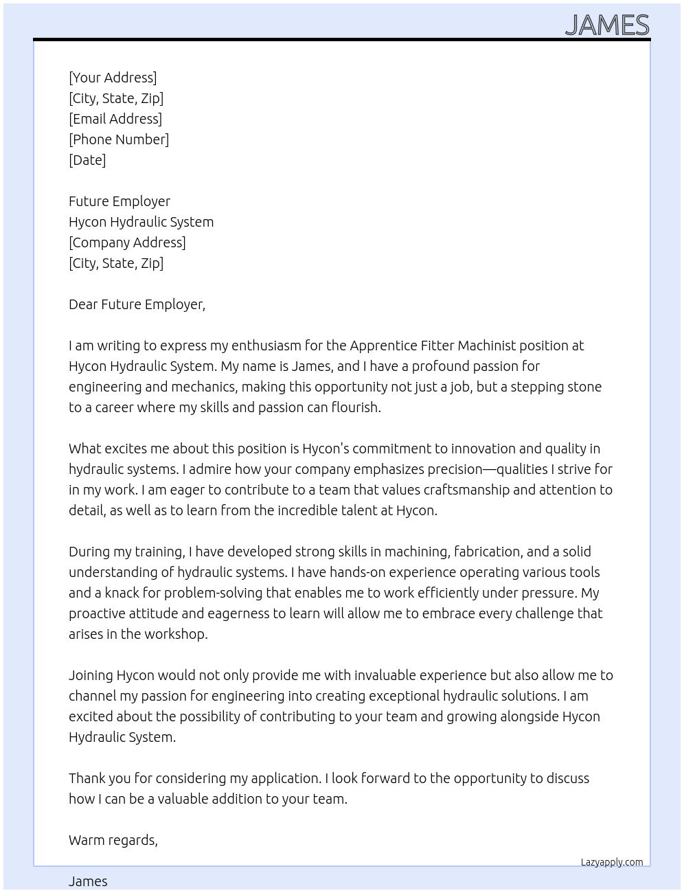 Cover letter for apprentice fitter machinist - LazyApply