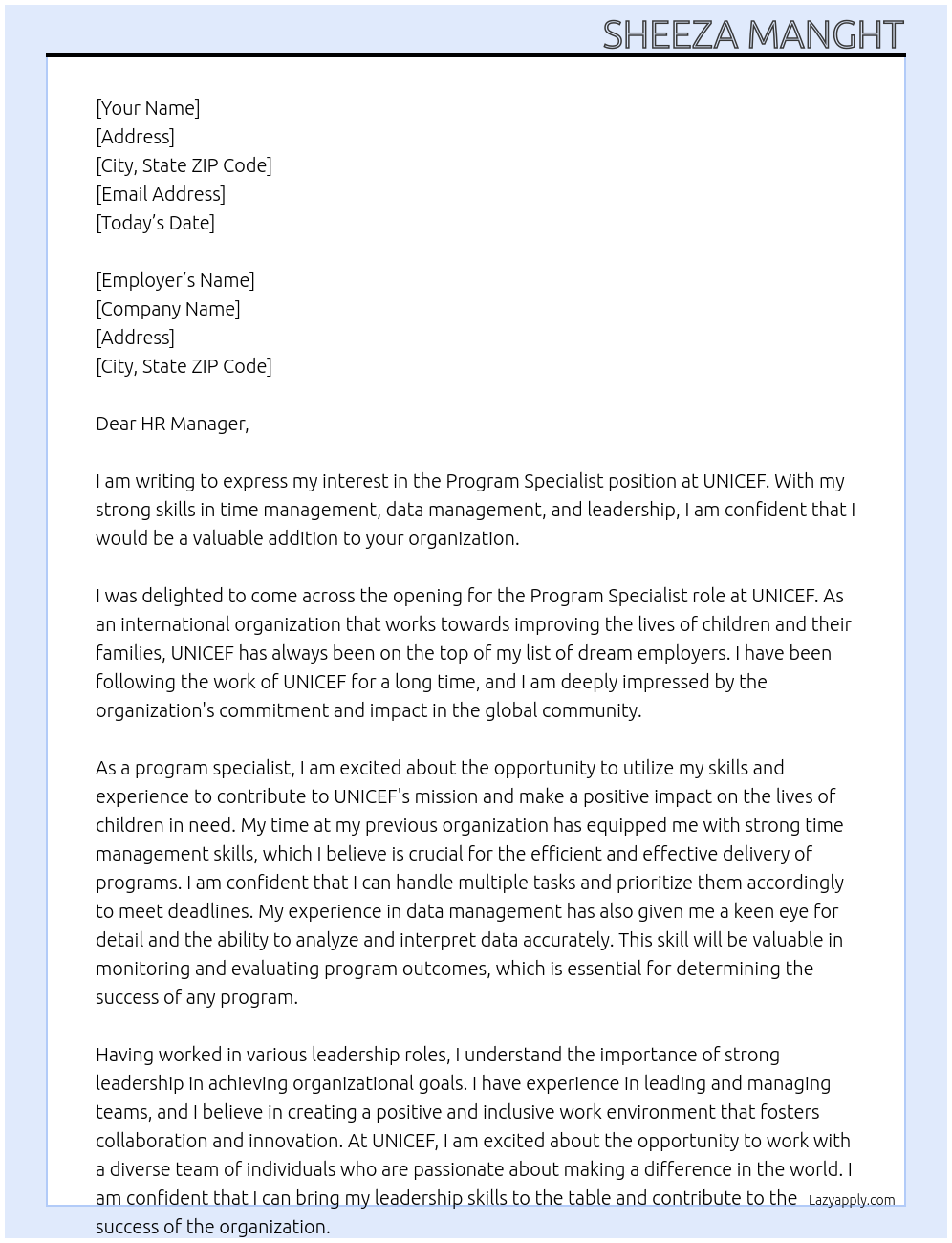 Program Specialist At UNICEF Cover Letter