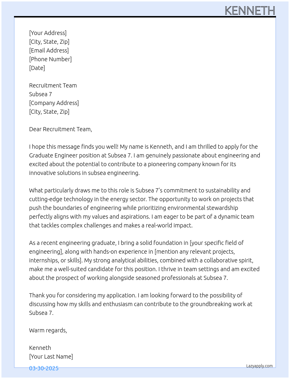 graduate engineer At Subsea 7 Cover Letter