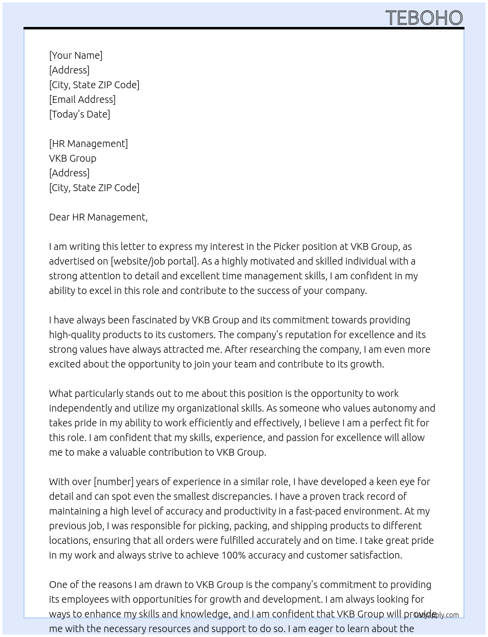 Picker At VKB GROUP  Cover Letter