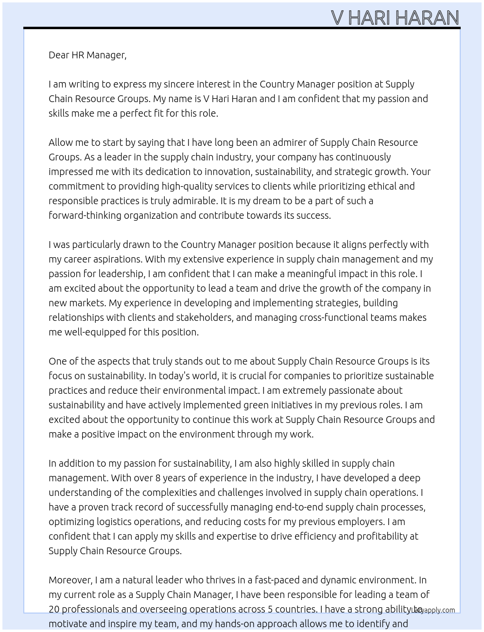 Country Manager At Supply chain resource Groups  Cover Letter