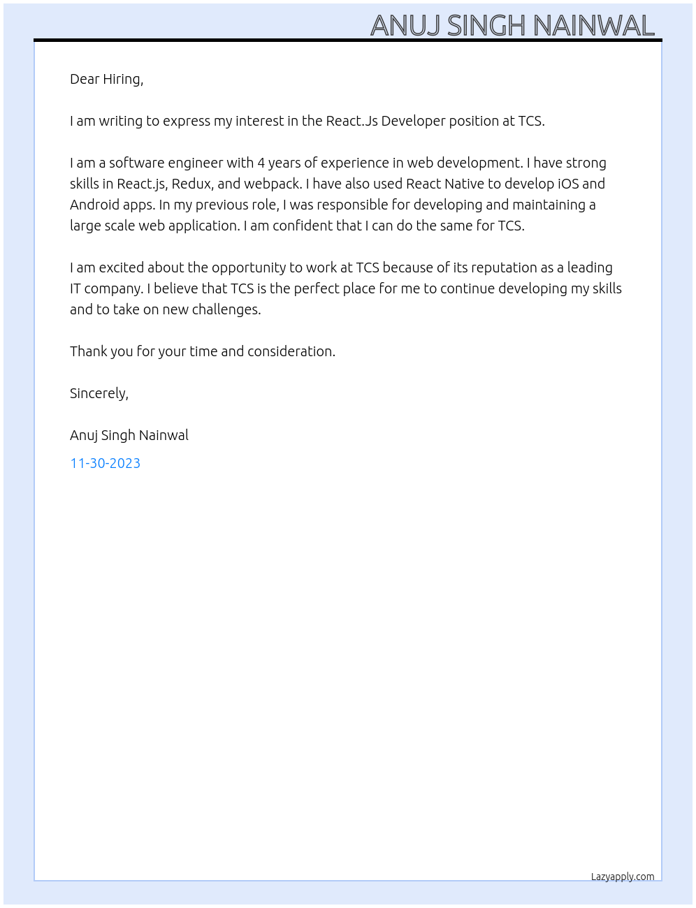 React.Js Developer At TCS Cover Letter