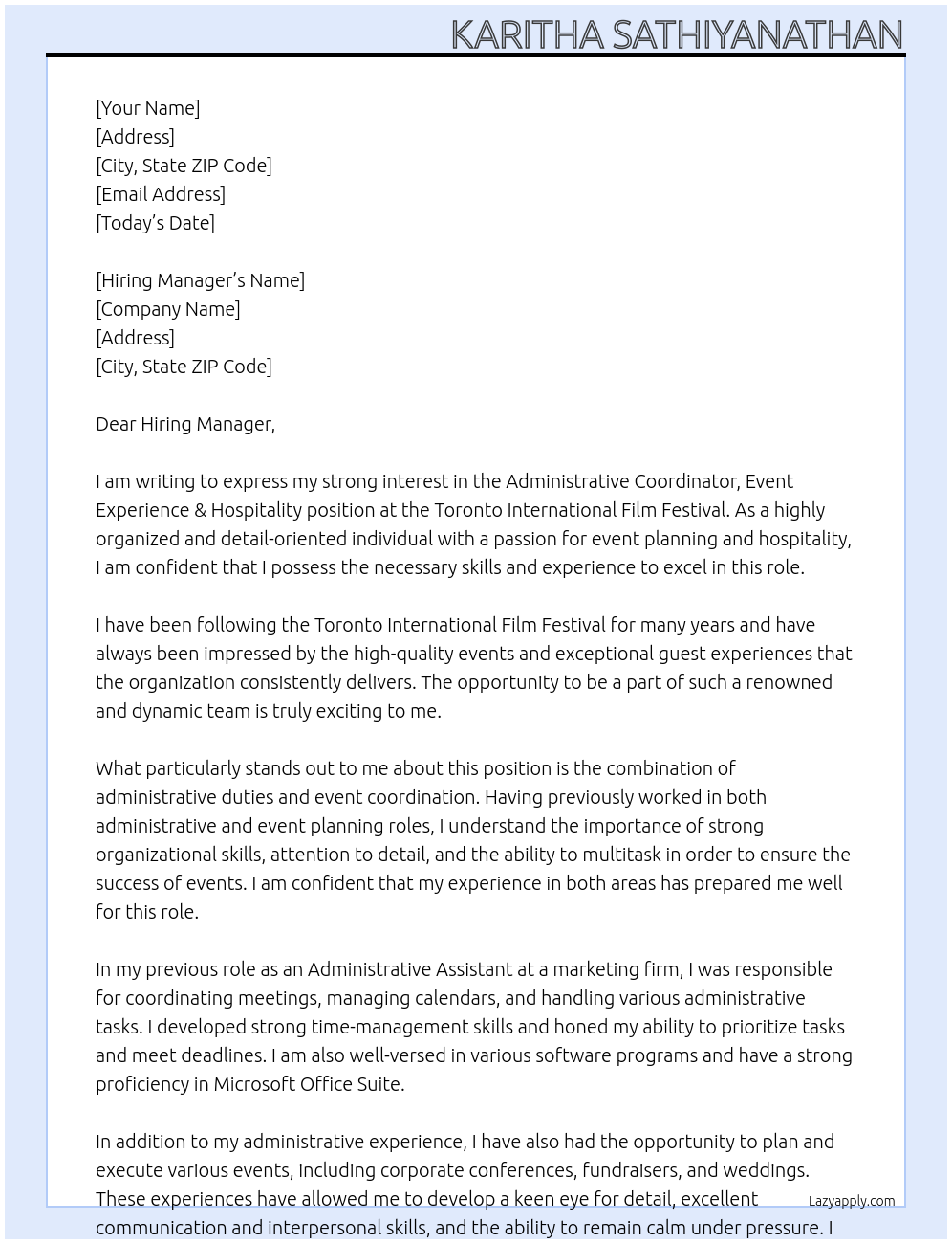 Administrative Coordinator, Event Experience & Hospitality At Toronto International Film Festival Cover Letter