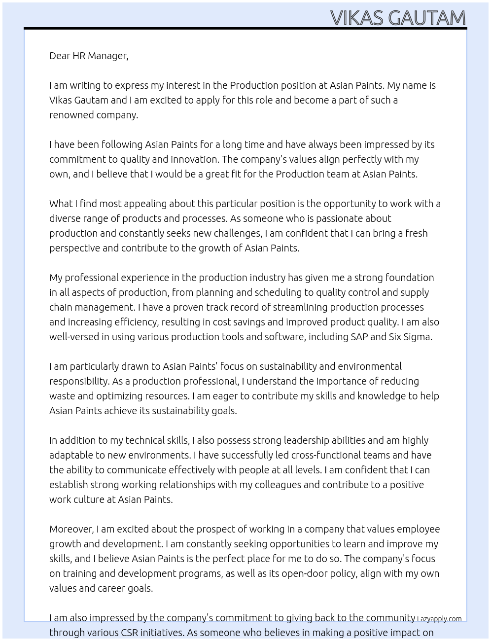 Production At Asian paints Cover Letter