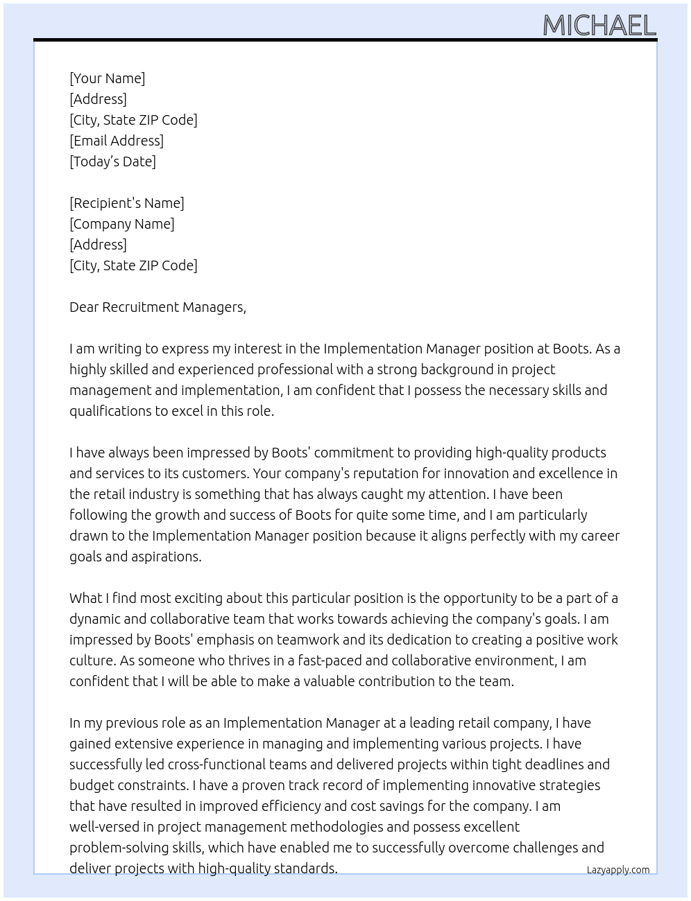 Implementation Manager At Boots Cover Letter