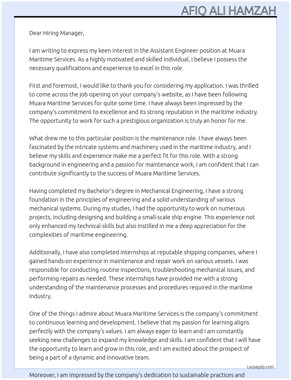 Assistant Engineer At Muara Maritime Services Cover Letter