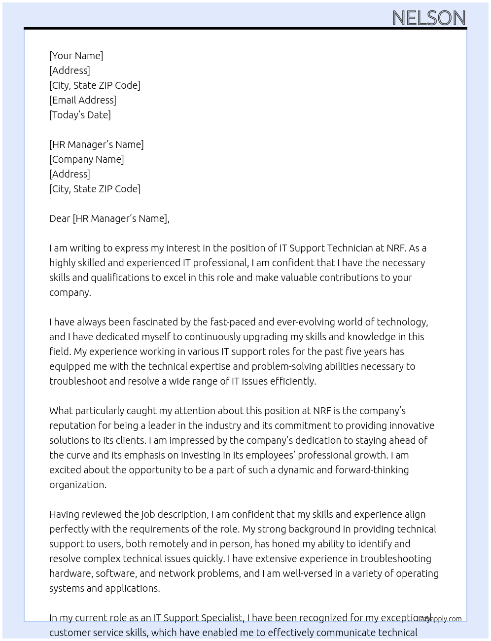 IT Support Technician At NRF Cover Letter