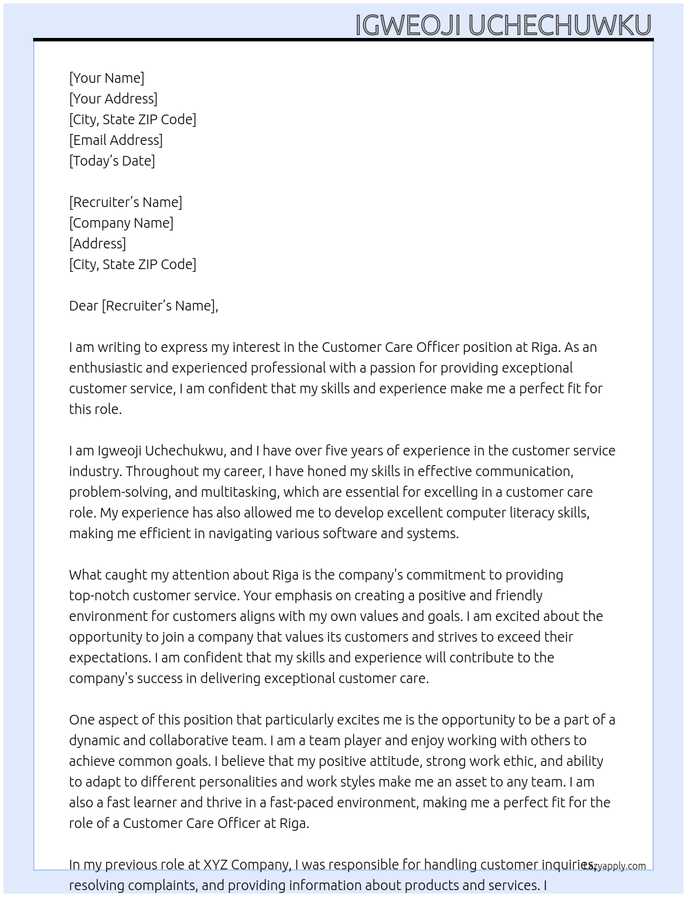 Customer care officer At Riga Cover Letter