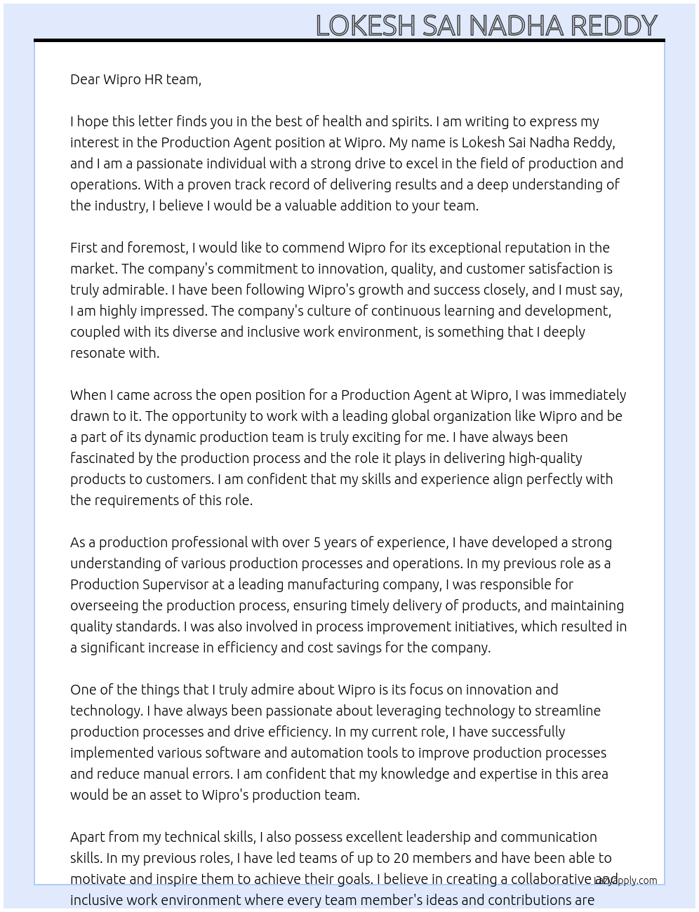 Production Agent  At Wipro  Cover Letter