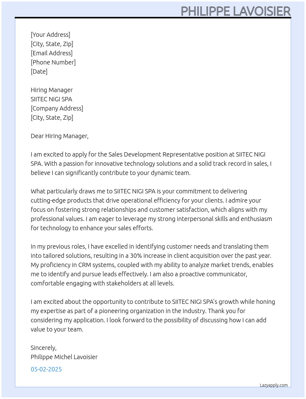 SALES DEVELOPMENT REPRESENTATIVE At SIITEC NIGI SPA Cover Letter