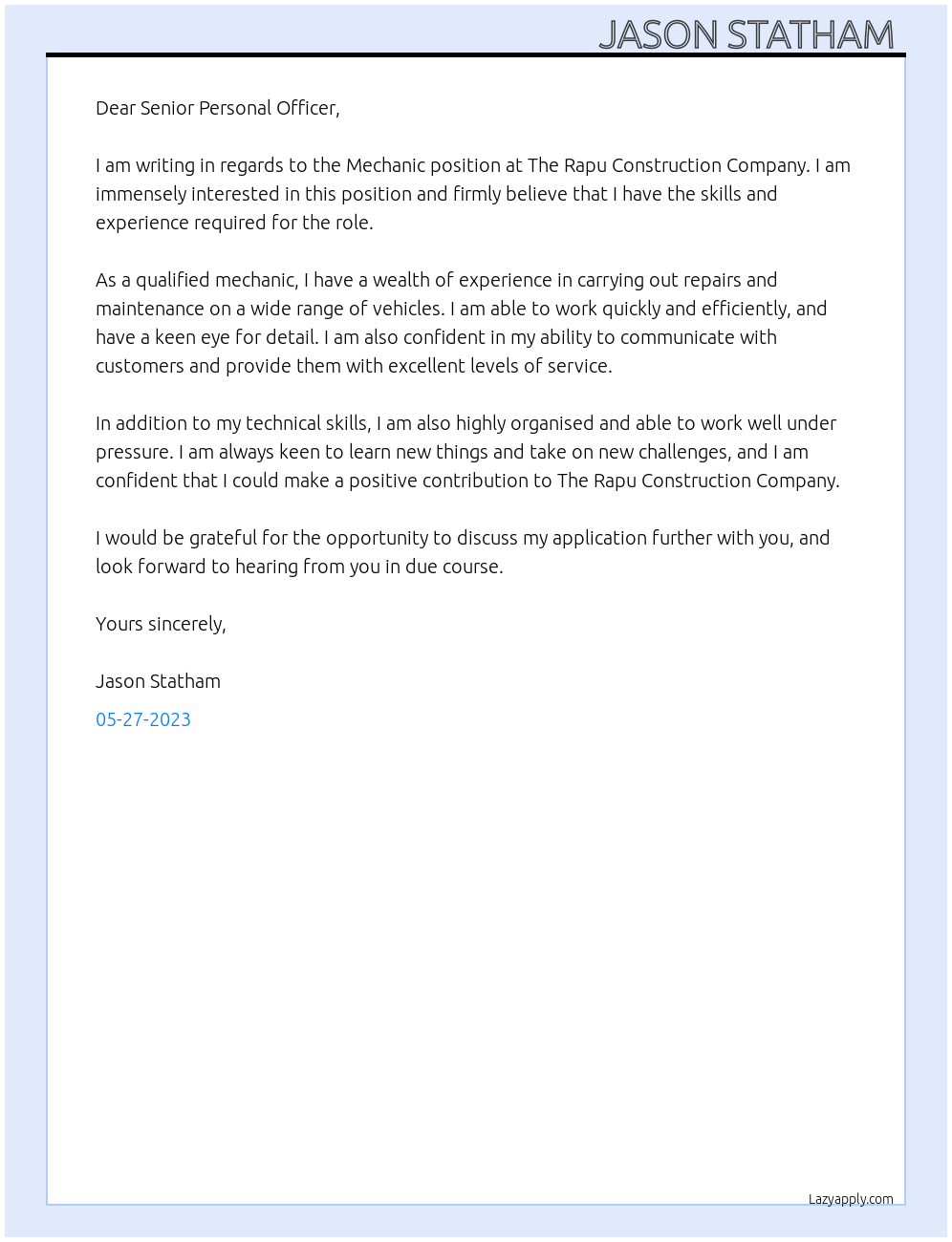 Mechanic At The Rapu Construction Company Cover Letter