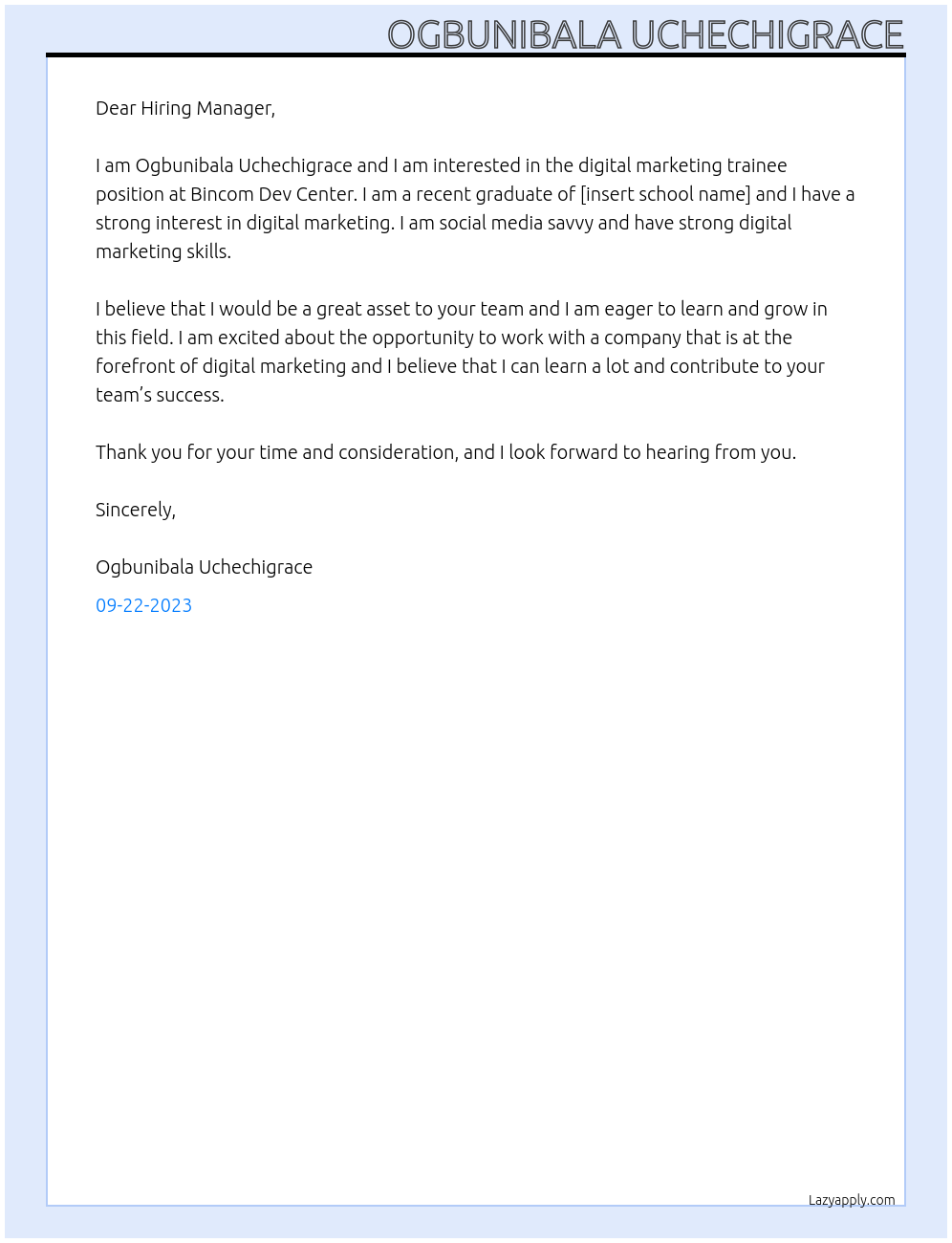 Digital marketing trainee At Bincom dev center Cover Letter