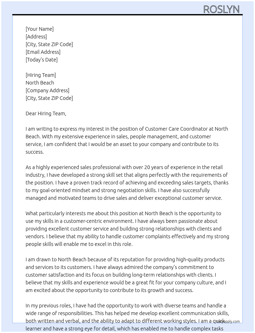 Customer care coordinator At North Beach Cover Letter