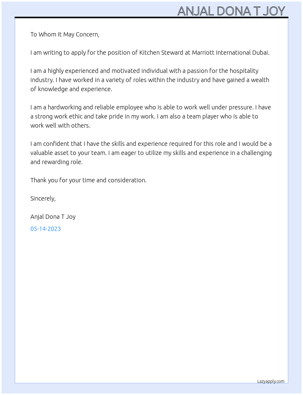 Kitchen steward At MARRIOTT INTERNATIONAL DUBAI Cover Letter