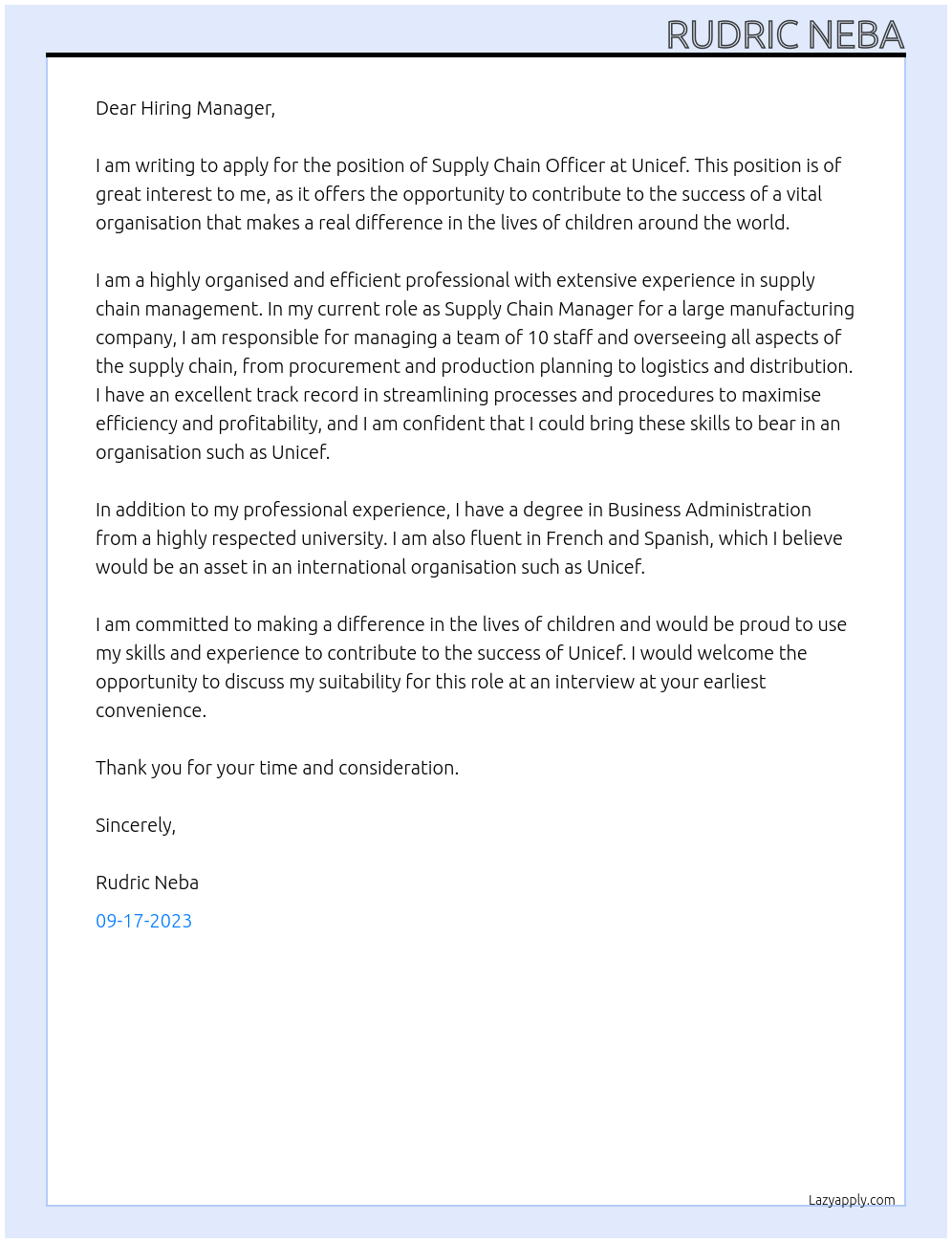 Supply Chain Officer At Unicef Cover Letter